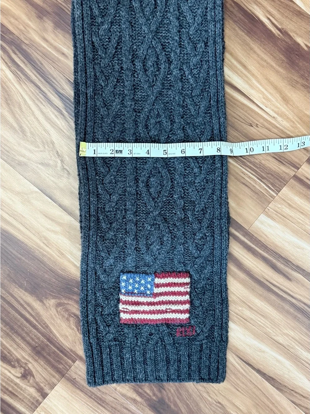Vintage 90’s Polo by Ralph Lauren Charcoal Cable Knit Scarf with American Flag